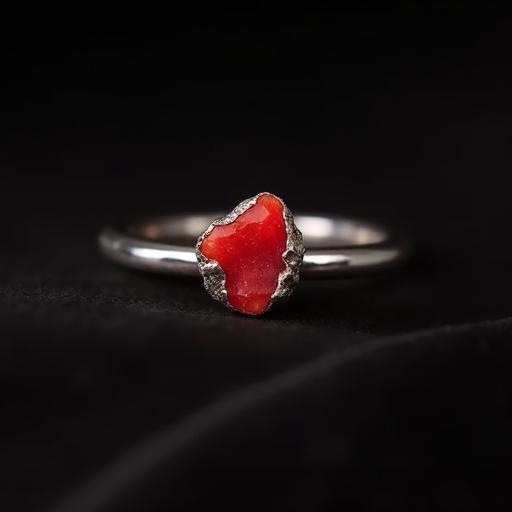 Raffinato anello d'argento, impreziosito da un piccolo frammento di corallo rosso grezzo, che celebra l'eleganza naturale.